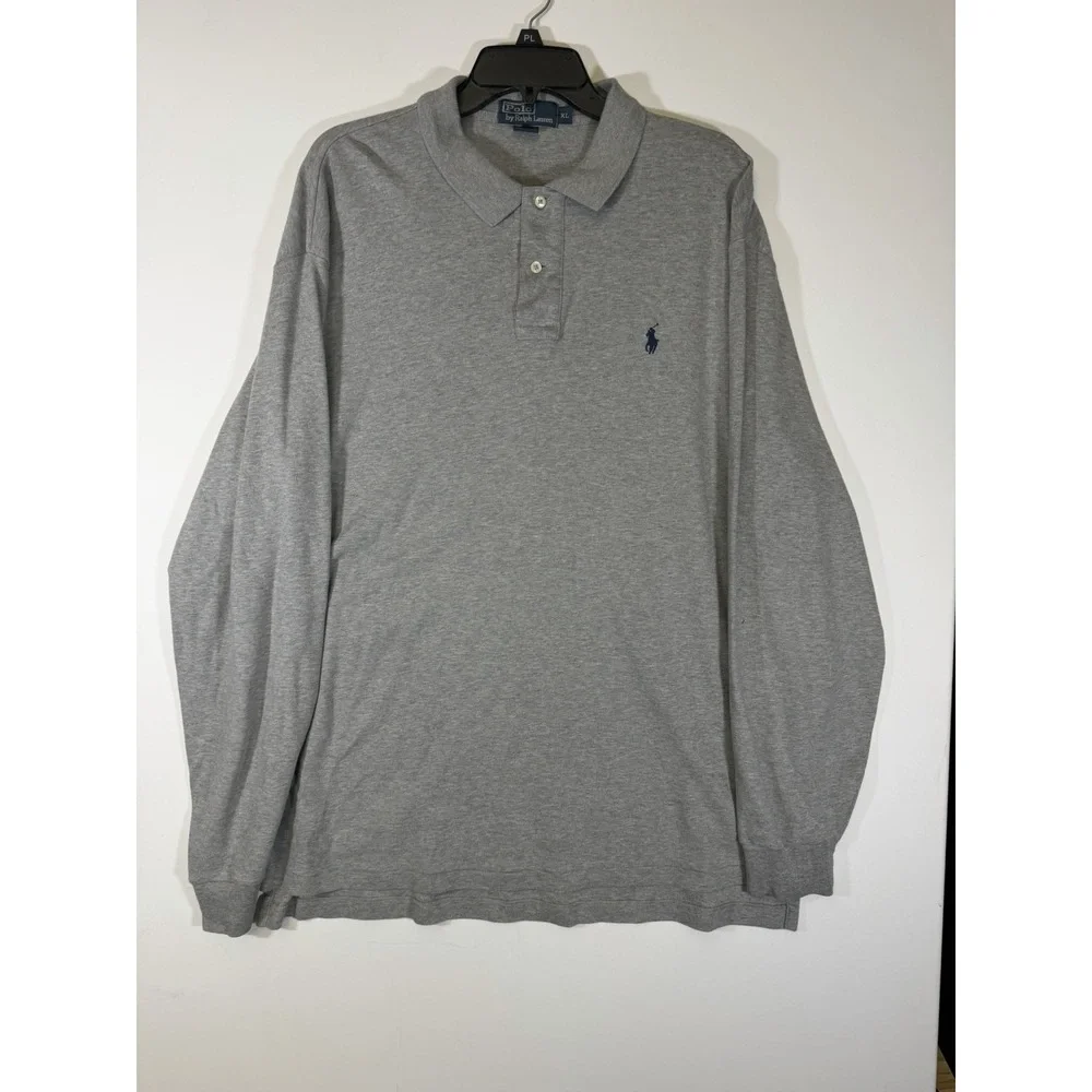 Polo Ralph Lauren Polo Shirt‎ Mens Medium Gray Long Sleeve Cotton Blue Pony Logo